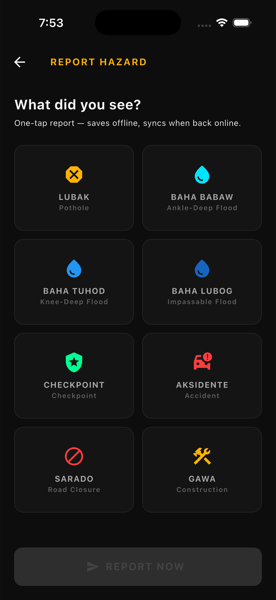 Arangkada AI — Hazard Reporting screen