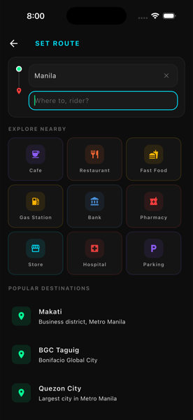 Arangkada AI — Search & Set Route screen